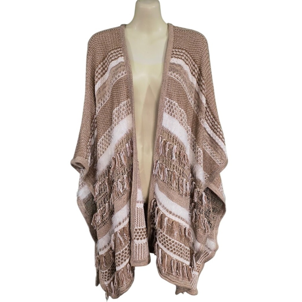 Chico's One‎ Size Beige Cream Striped Fringed Knit Open Front Cardigan Poncho